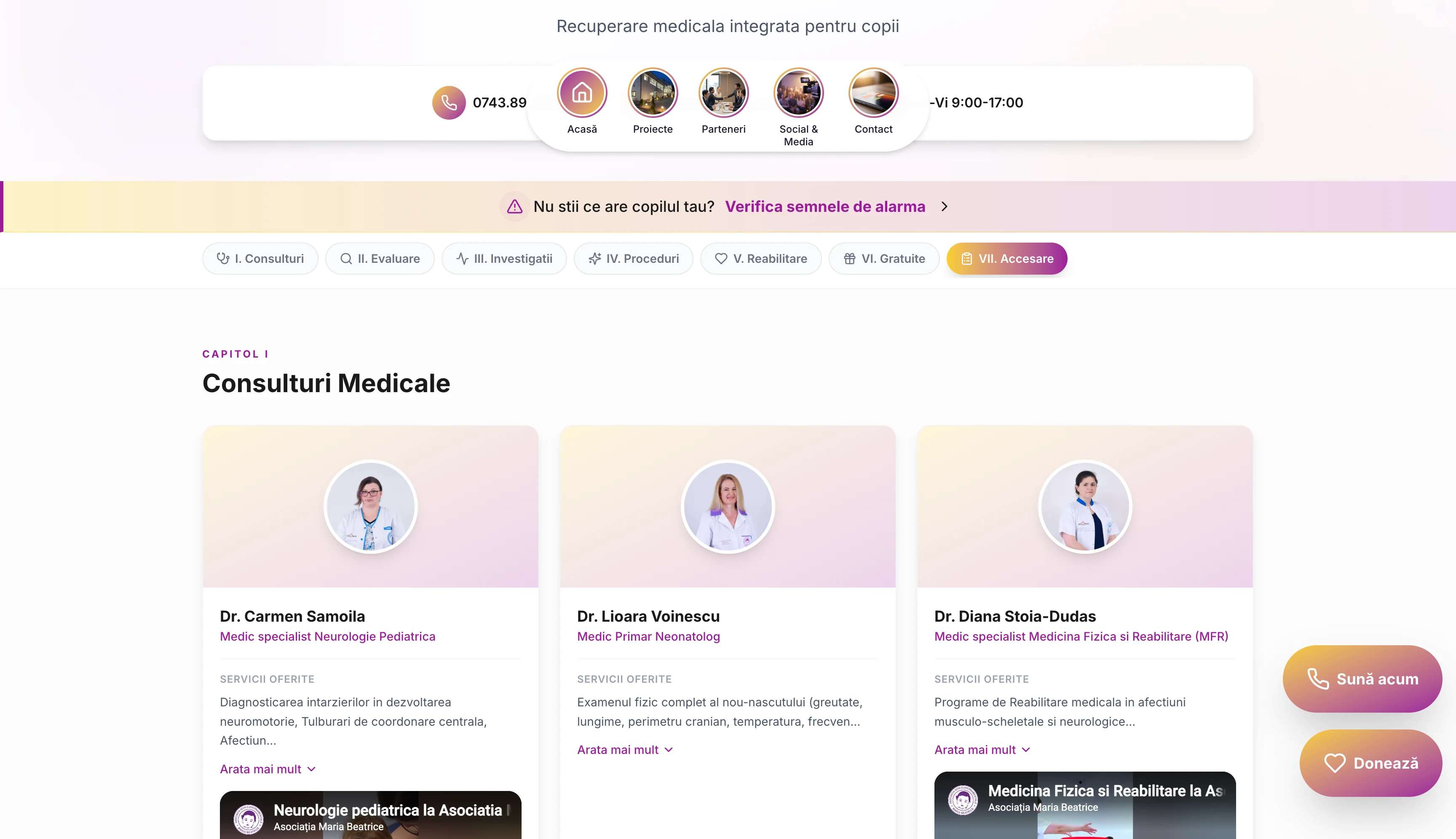 Pagina de servicii medicale cu capitole și carduri de specialiști
