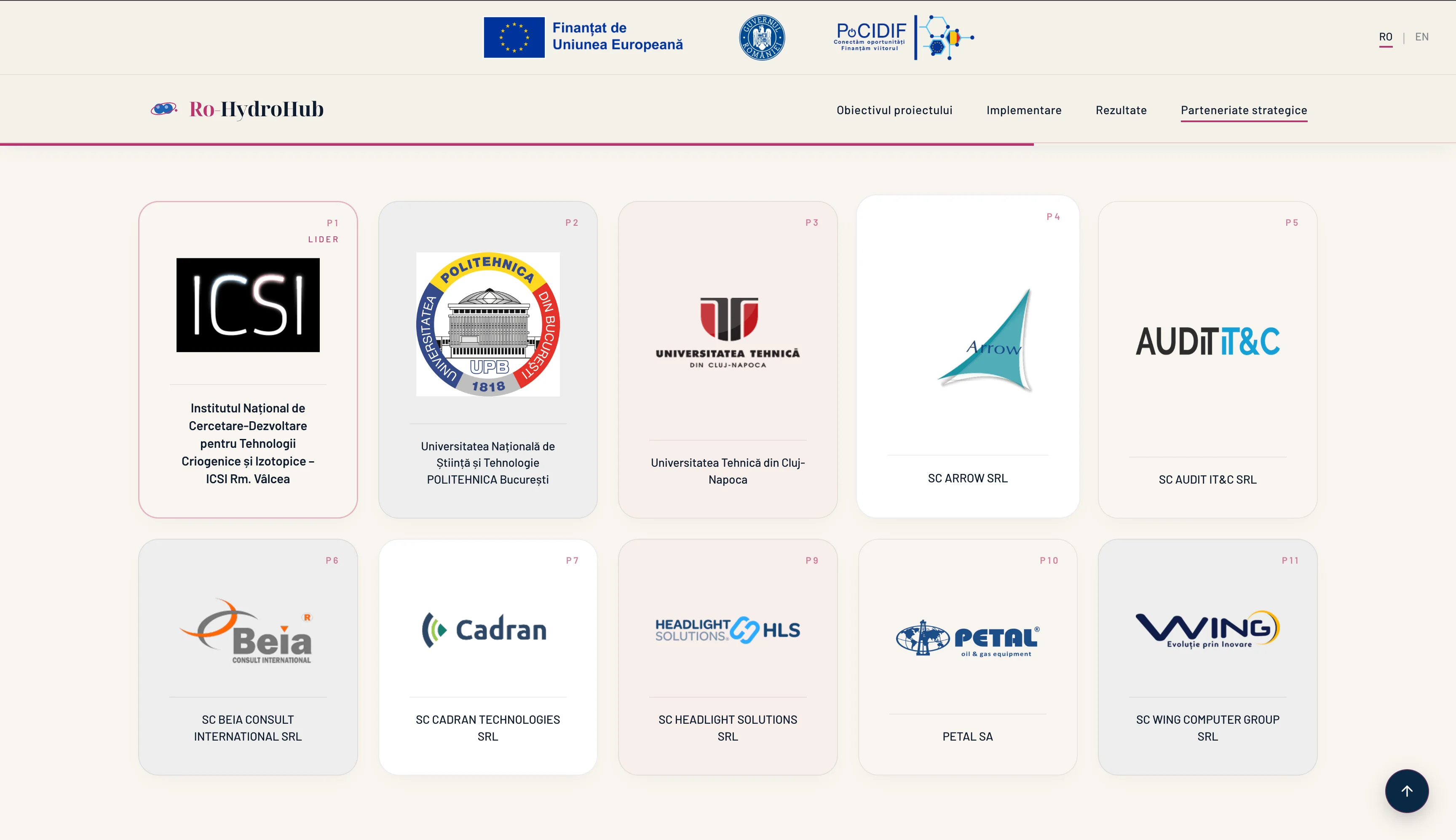 Pagina Parteneriate strategice, cu grid de carduri pentru logourile partenerilor din consorțiu